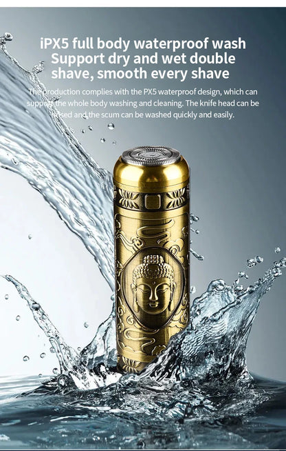 Gold electric shaver with water splashes on a gray background