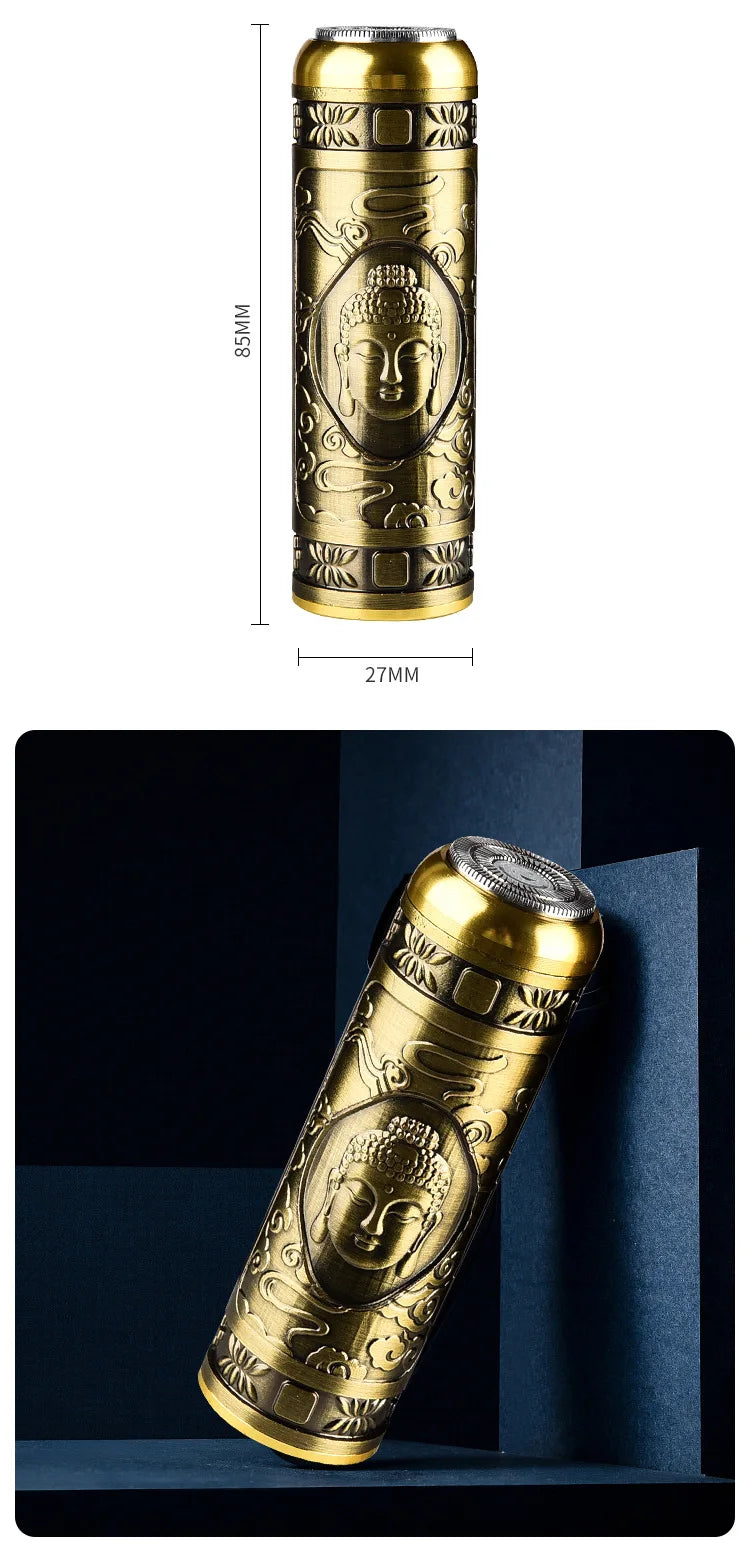 Gold cylindrical object with intricate designs on a blue background