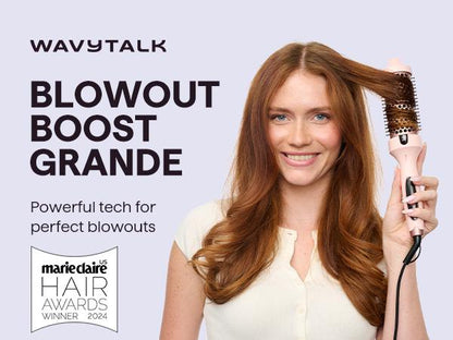 Woman using a hair dryer with text about Wavytalk Blowout Boost Grande and Marie Claire Hair Awards.