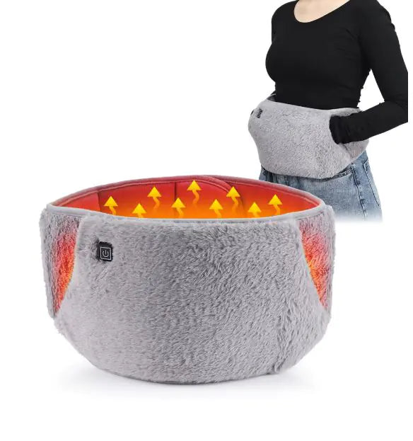 Gray heating pad with red interior and visible brand logo, worn by a person in gray gloves.