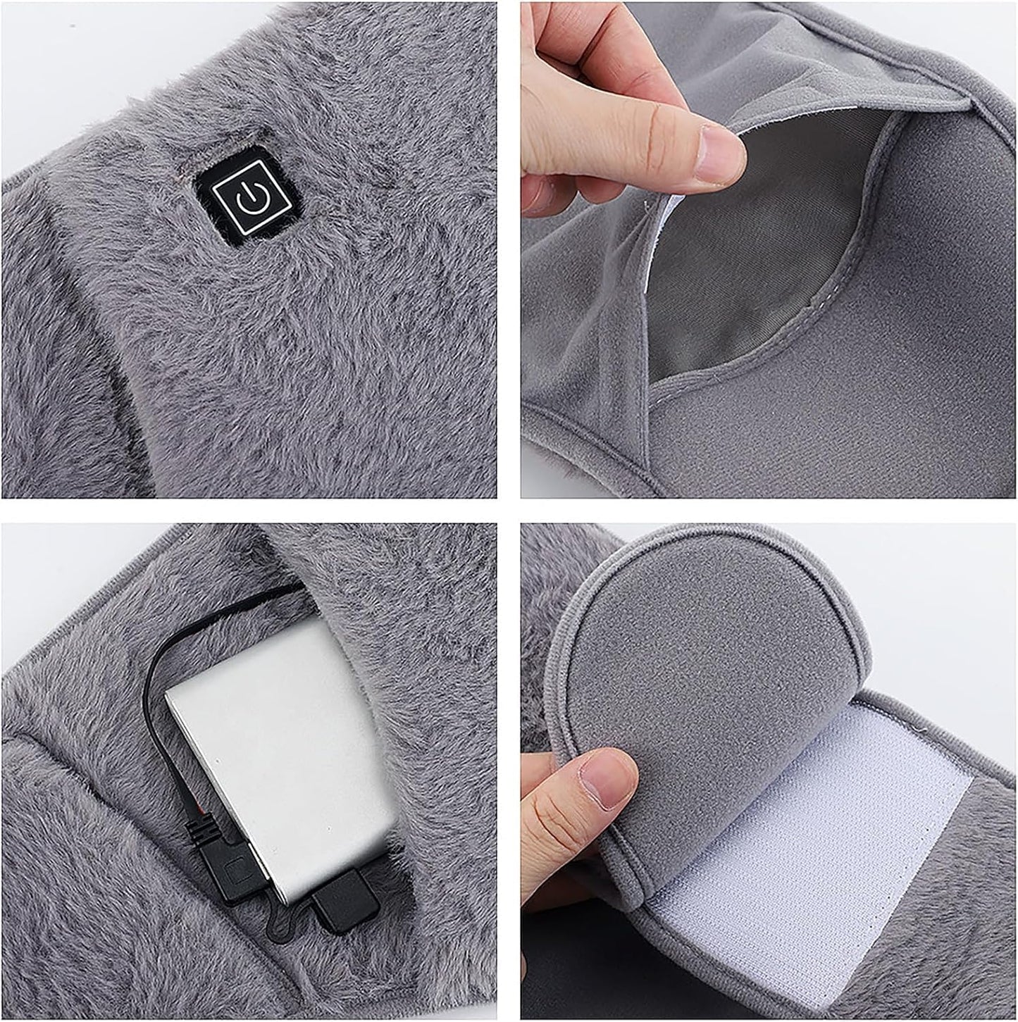 Gray heated blanket with USB port, interior lining, and battery compartment shown in close-up.