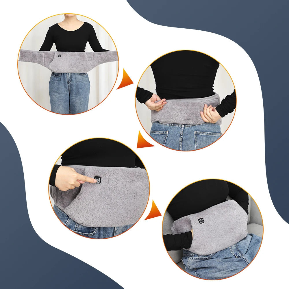 Gray waist pouch worn by a person with close-up details on a blue and white background