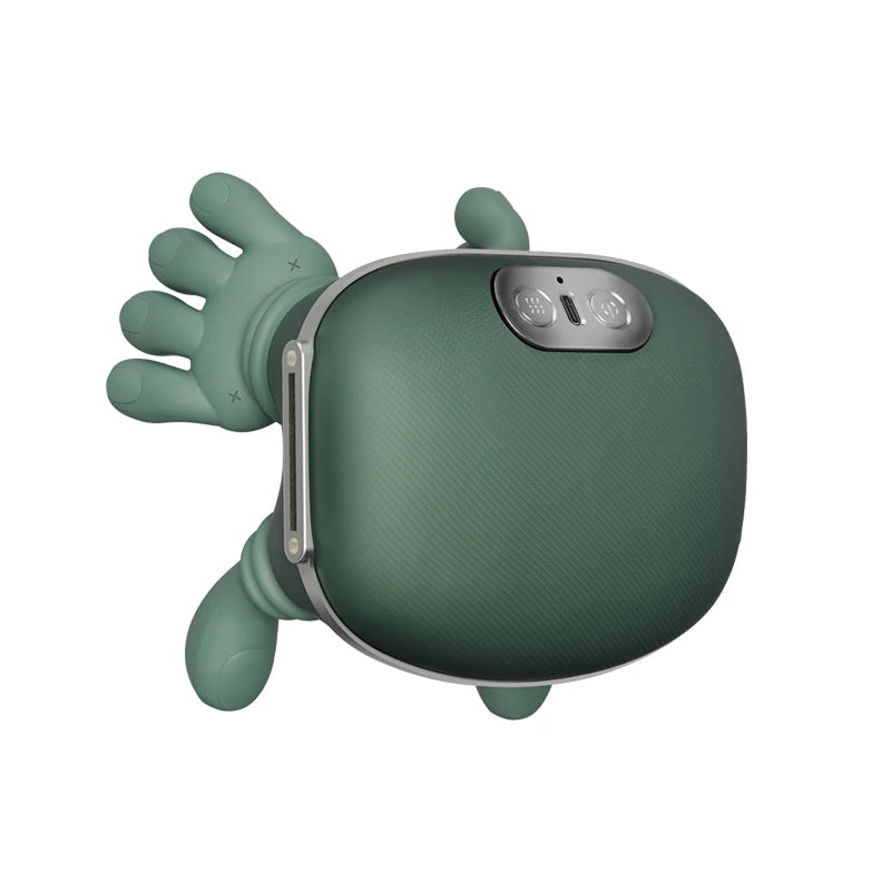 Green electronic device with a cartoonish design on a white background