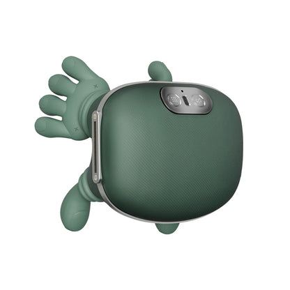 Green electronic device with a cartoonish design on a white background