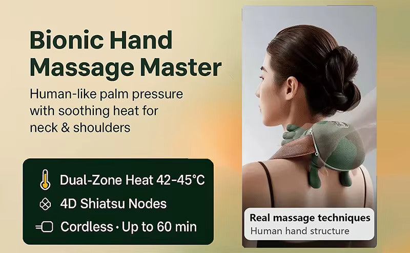 Bionic hand massage device with text describing its features and benefits.