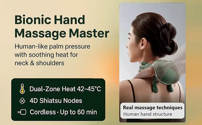 Bionic hand massage device with text describing its features and benefits.