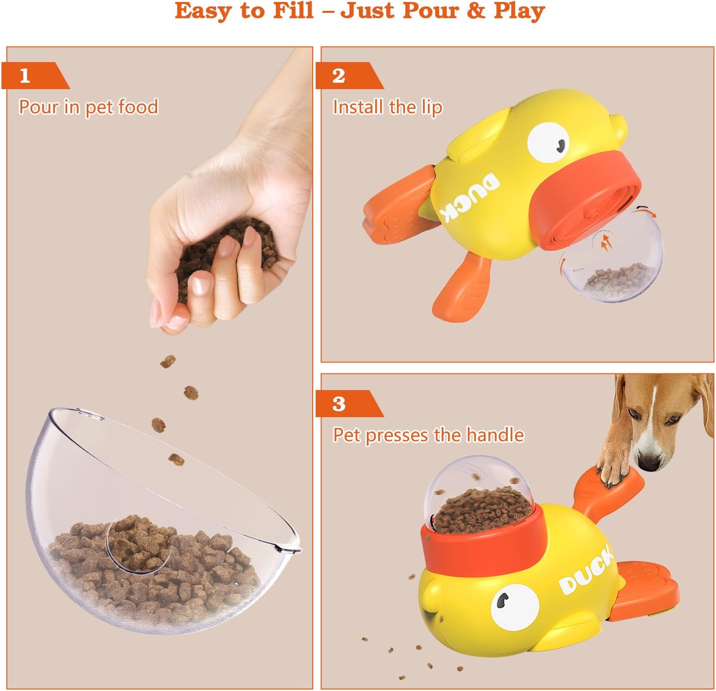Instructions for using a yellow duck-shaped pet feeder with text 'Easy to Fill - Just Pour & Play'.