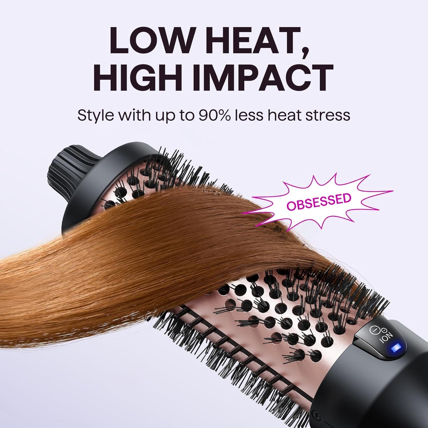 Hairbrush with text 'Low Heat, High Impact' on a light gray background