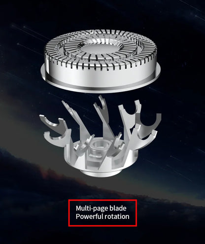 Metallic multi-page blade with a reflective surface on a dark background