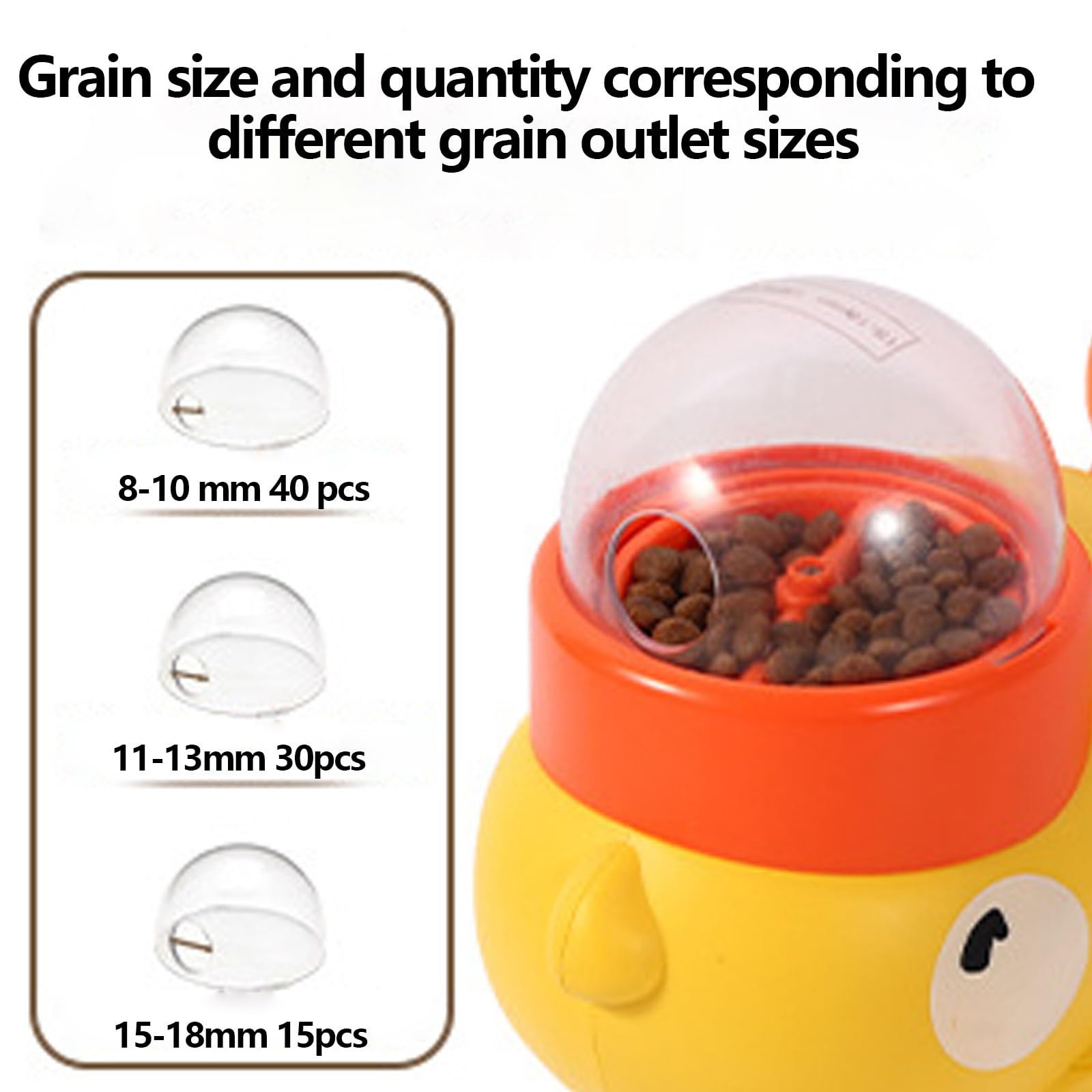 Pet food grinder with grain size chart on a white background