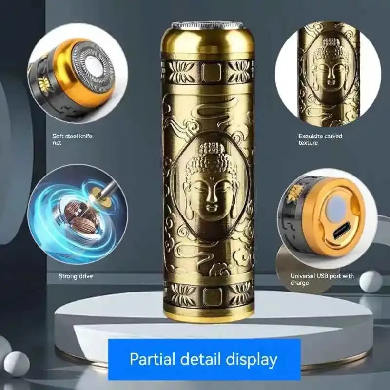 Gold and bronze engraved device with detailed features on a gray background