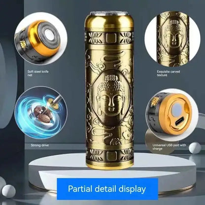 Gold and bronze engraved device with detailed features on a gray background