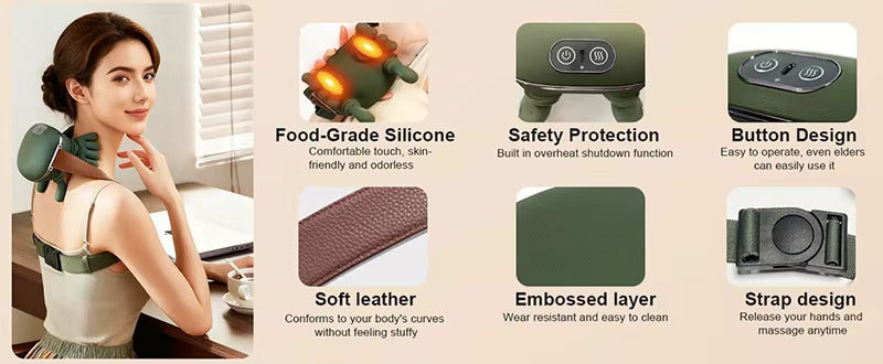 Product features of a green neck and shoulder massager with text on its benefits.