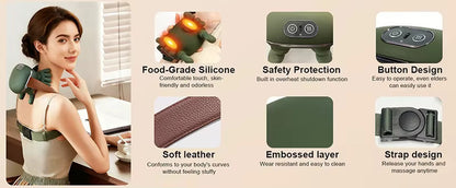 Product features of a green neck and shoulder massager with text on its benefits.