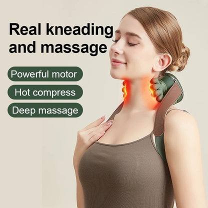 Woman using a neck and shoulder massager with text highlighting features on a beige background