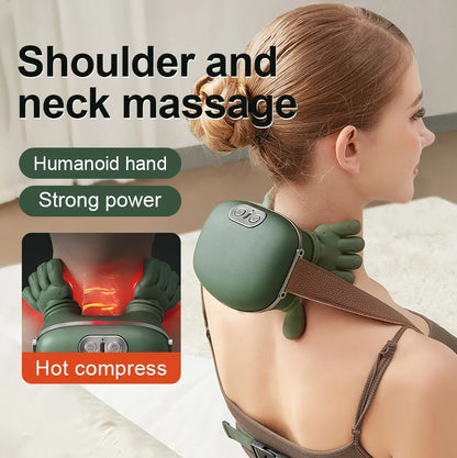 Woman receiving shoulder and neck massage from a green handheld device with text highlighting features like 'humanoid hand', 'strong power', and 'hot compress'.