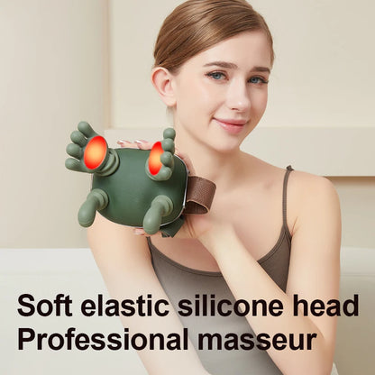 Woman using a professional masseur device with soft elastic silicone head on a plain background
