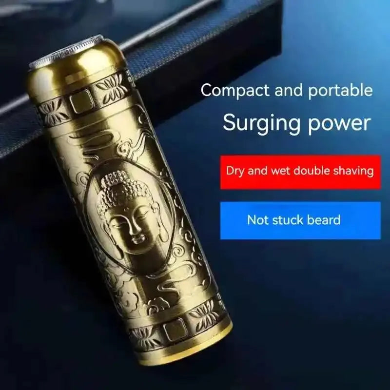 Gold lighter with Buddha design on a blue background