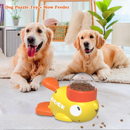 Two dogs sitting on a rug with a yellow and orange dog puzzle toy in front of them.