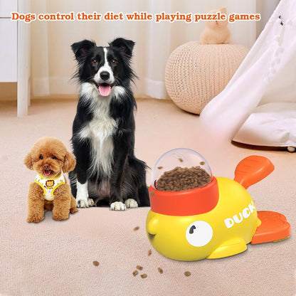 Two dogs with a puzzle toy dispenser on a carpeted floor.