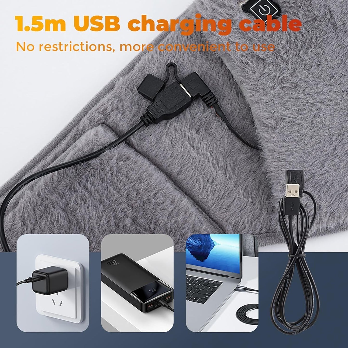 1.5m USB charging cable with various usage scenarios on a gray background
