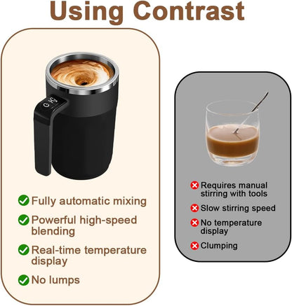 Comparison of a black coffee maker with text on its features and a glass of coffee with text highlighting drawbacks.