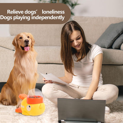 Woman sitting on a couch with a dog and a toy, text 'Relieve dogs' loneliness Dogs playing independently'.