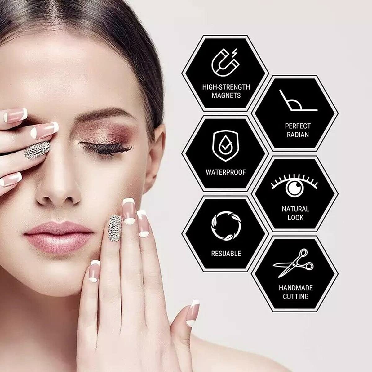 Woman with hand on face next to icons and text describing product features.
