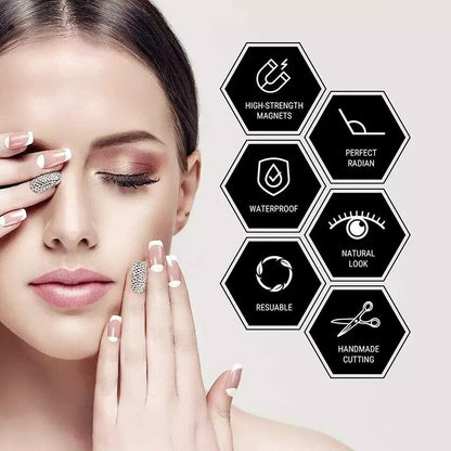 Woman with hand on face next to icons and text describing product features.