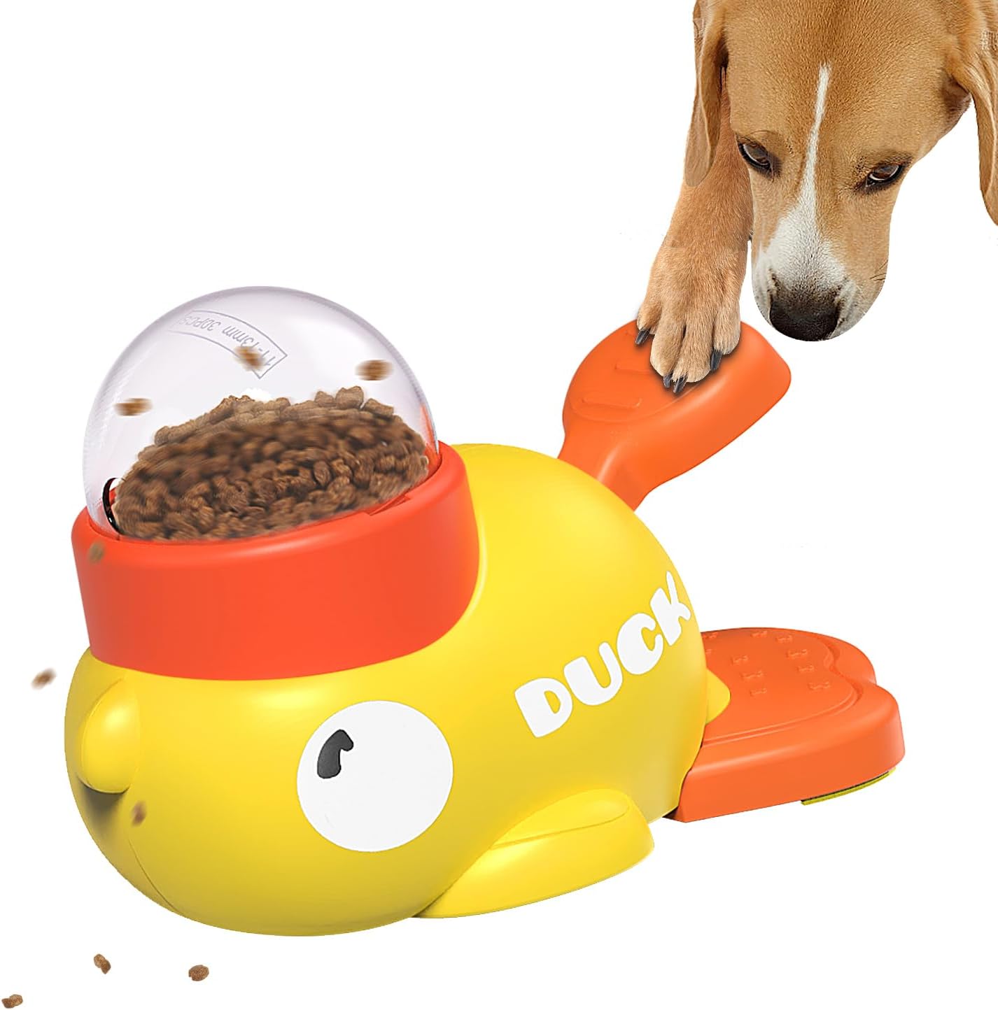 Yellow duck-shaped pet toy with a transparent top containing dog food, next to a dog.