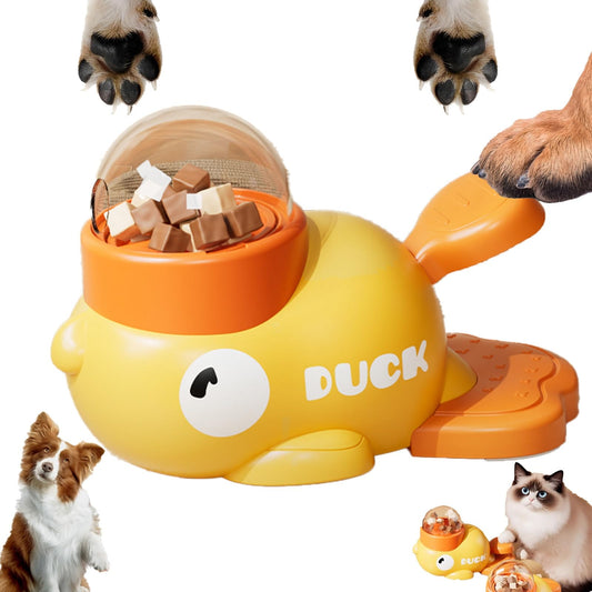 Yellow duck-shaped pet toy with treats, surrounded by dog paws and a cat, on a white background.
