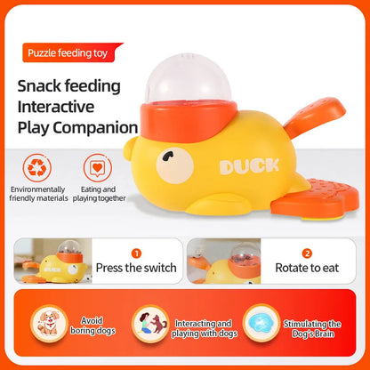 Yellow duck-shaped puzzle feeding toy with text and icons on a white background