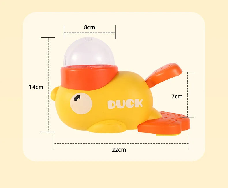Yellow duck toy with measurements on a white background
