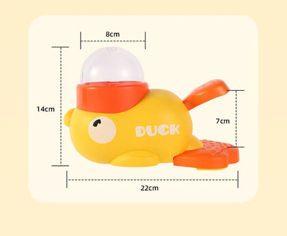 Yellow duck toy with measurements on a white background