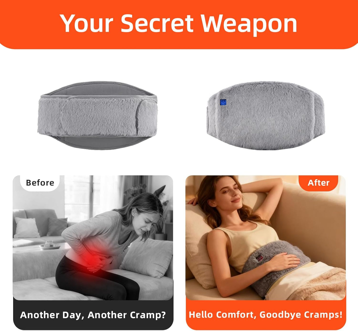 Product advertisement for a cramp-relief pillow with before and after scenarios.