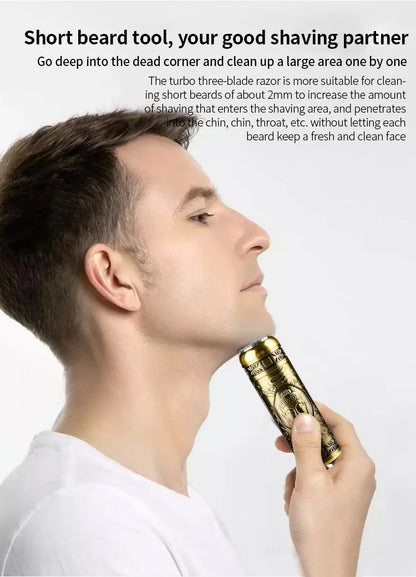 Man using a gold electric shaver on a white background with text about the product.