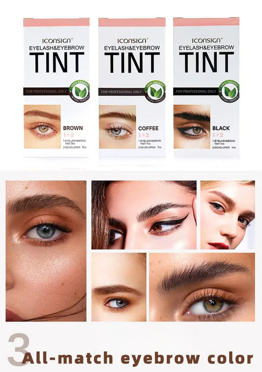 Lash and eyebrow tint packaging with color options and application examples.