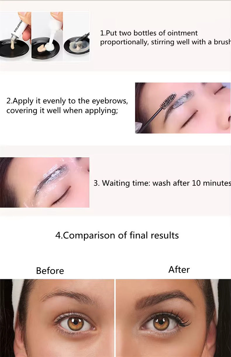 Instructions for applying an eye treatment with before and after results shown.