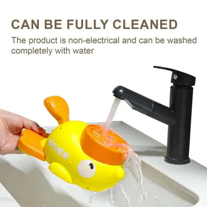 Yellow duck-shaped bath toy with water flowing from a faucet, indicating it can be cleaned with water.