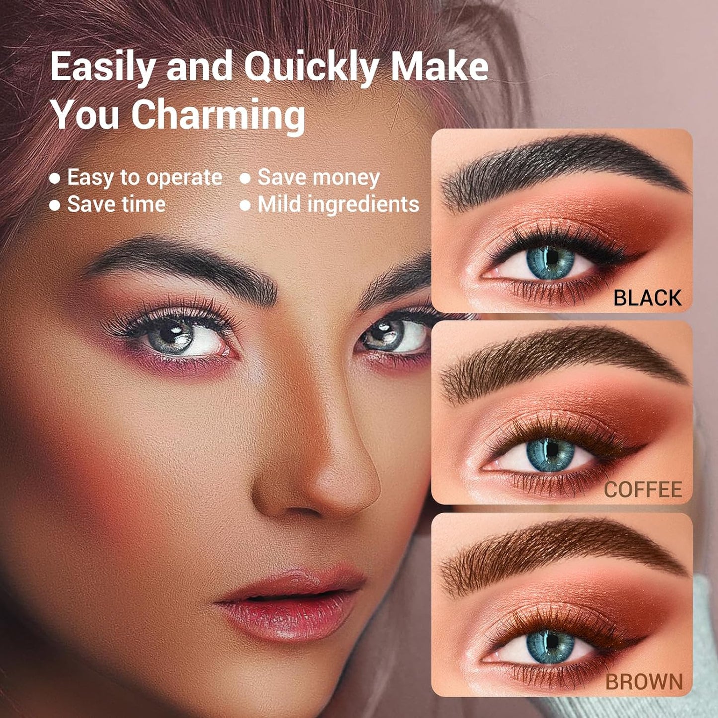 Advertisement for eye makeup with close-up shots of eyes wearing different colored eyeshadows.