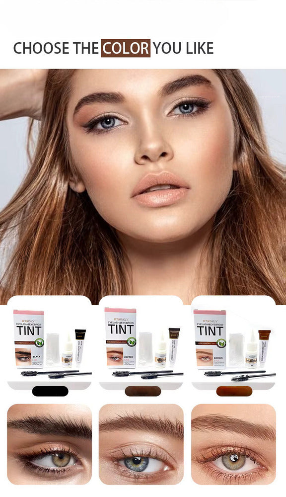 Cosmetic product with color swatches and a model's face, eye, and eyebrow close-ups.