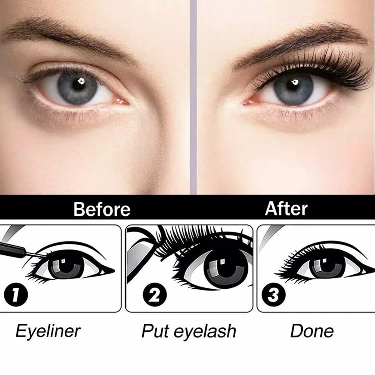Before and after comparison of eyelashes with step-by-step instructions.