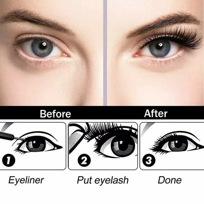 Before and after comparison of eyelashes with step-by-step instructions.