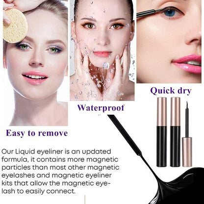 Collage of a woman applying makeup with text highlighting features like 'Quick dry' and 'Waterproof'.