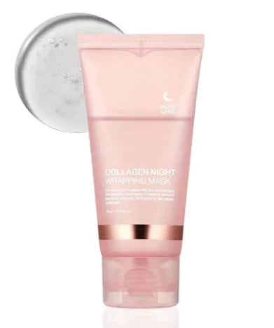 A promotional image featuring a woman touching her face, with the Collagen Night Wrapping Mask product displayed in the foreground.