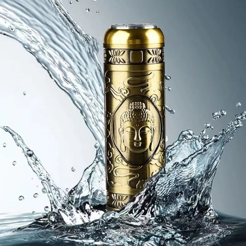 Gold thermos with Buddha design surrounded by water splashes on a gray background