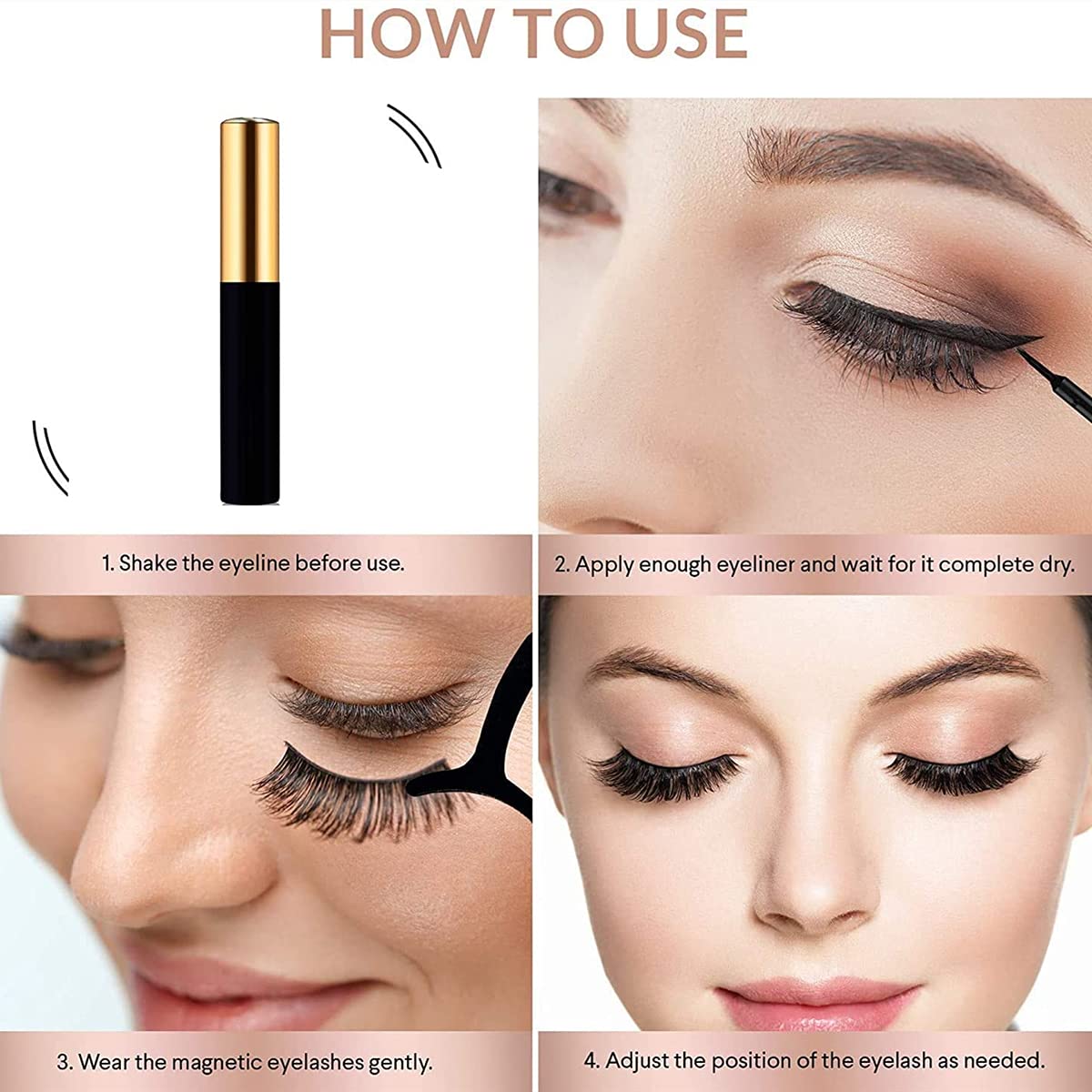 Instructions on how to use magnetic eyelashes with close-up shots of application.