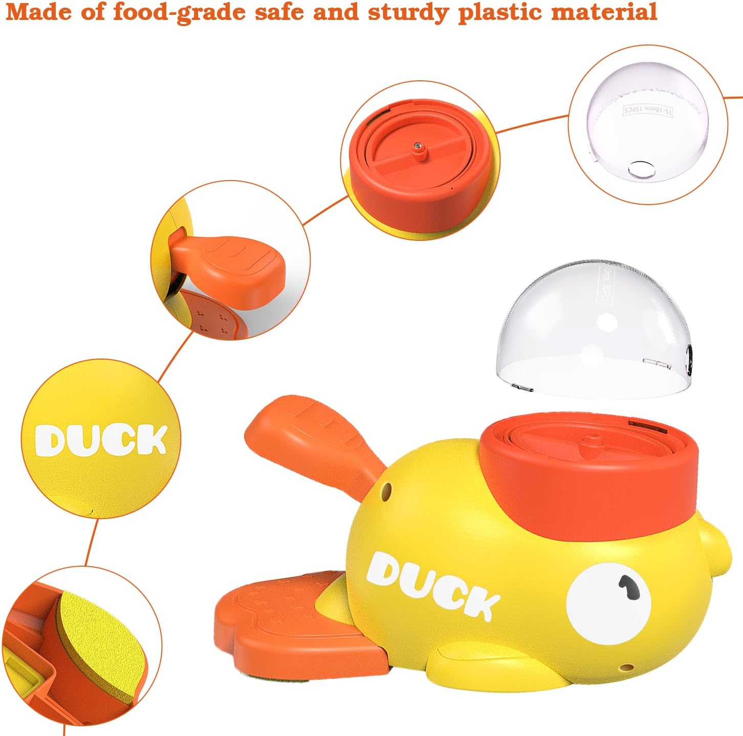 Yellow duck-shaped container with orange lid and base, made of food-grade safe plastic, on a white background.
