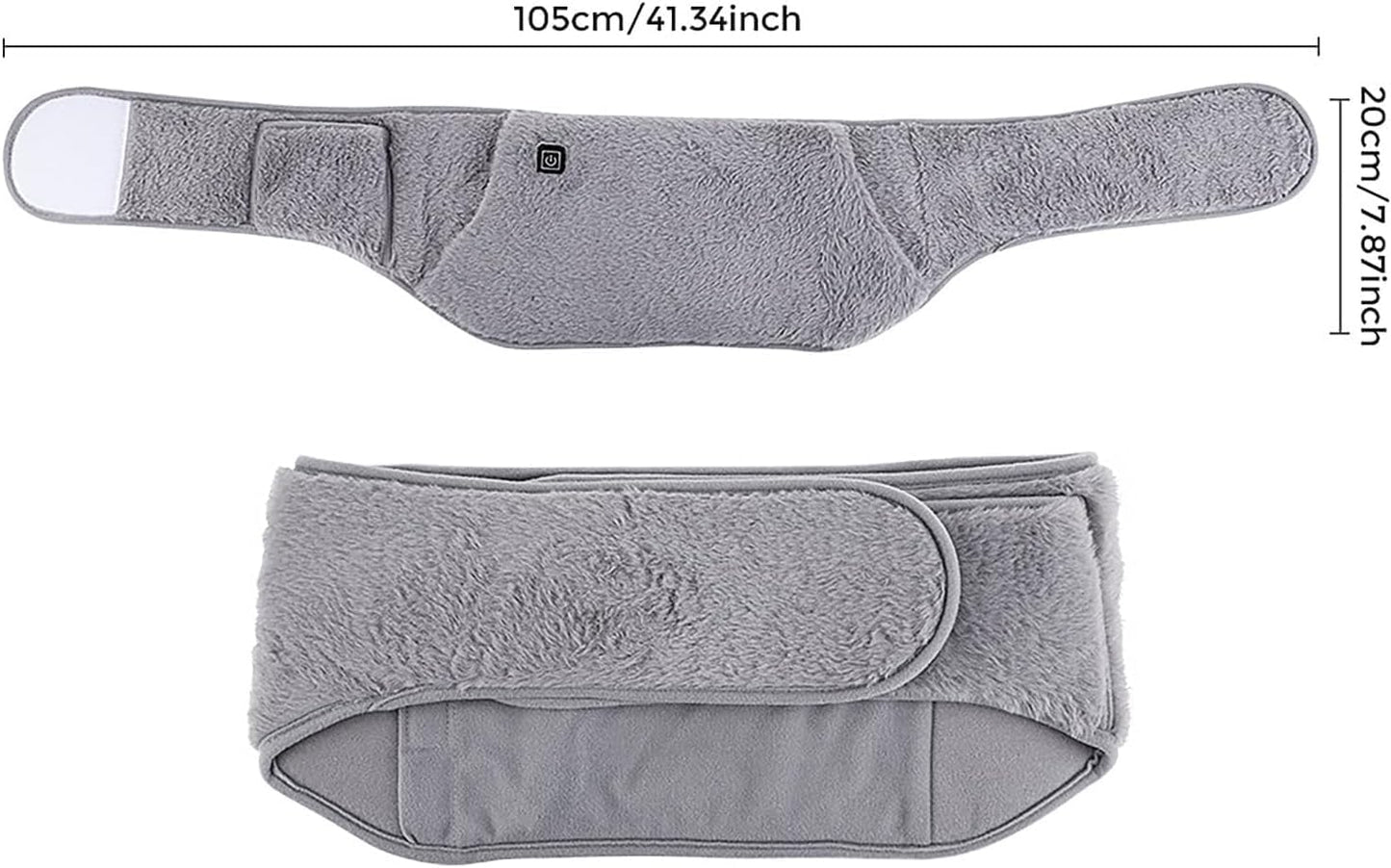 Gray waist support belt with measurements on a white background