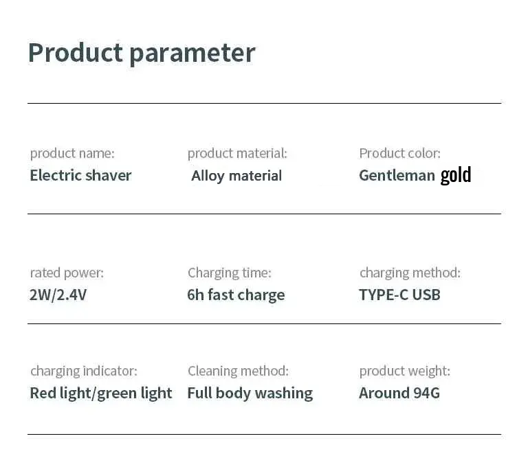 Product parameter table for an electric shaver with details on material, color, power, charging time, and more.